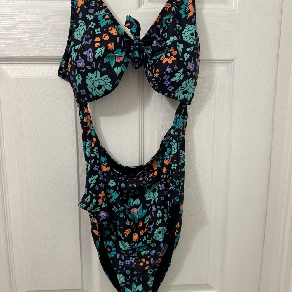 SHEIN Floral One Piece Swimsuit - Black and Teal